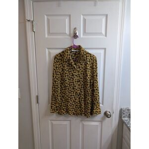 David Brooks Womens Floral Button Up Shirt Long Sleeve Black Yellow - Size 8